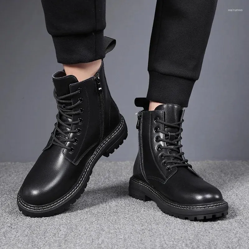 Boots Men's Fashion Original Leather Autumn Winter Shoes Black Stylish Cowboy Platform Boot Business Office Ankle Botas Zapatos