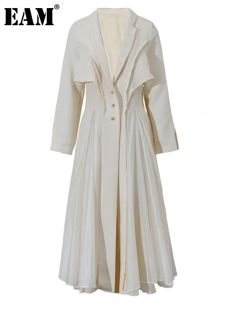 EAM femmes Beige plissé lin longue robe élégante revers cou manches coupe ample mode printemps automne 3W6617 240108