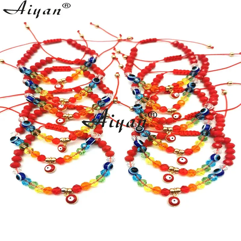 12 Pieces Rainbow And Red Crystal Hanging Alloy Single Hanging Eye Woven Bracelet With Exorcism Protection Can Given As Gifts 240109