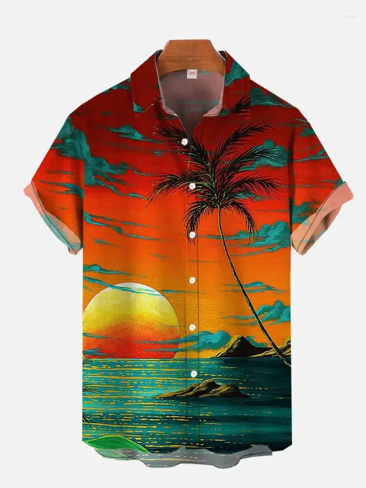 Camisas casuais masculinas 2024 Coconut Tree Print Beach Style Camisa Lapela Botão Down Padrão de desenhos animados de manga curta