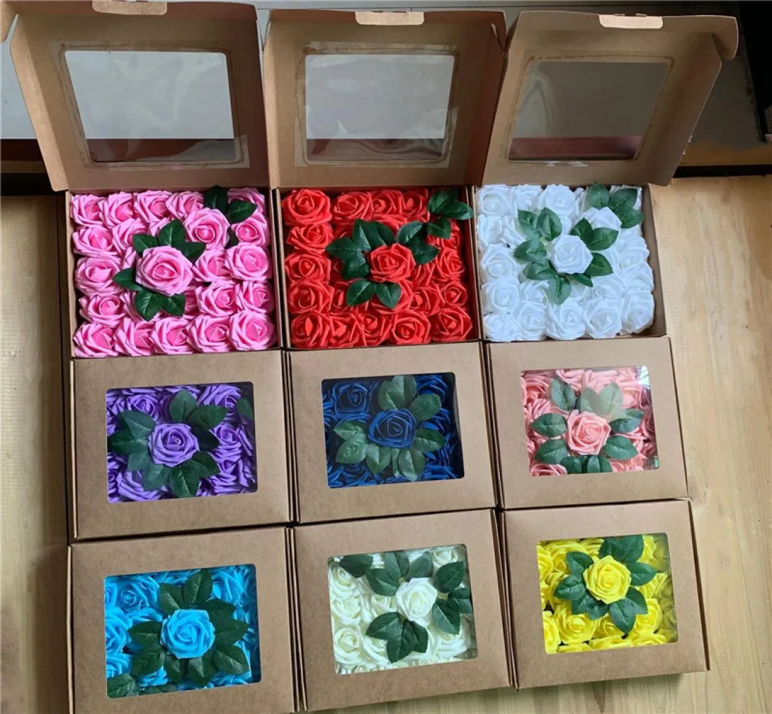 Startseite Hochzeit dekorative künstliche Blumen 25 Stück Box PE-Schaum Rose Blumen Kopf mit Blättern DIY Brautstrauß Simulationsblume for1076630