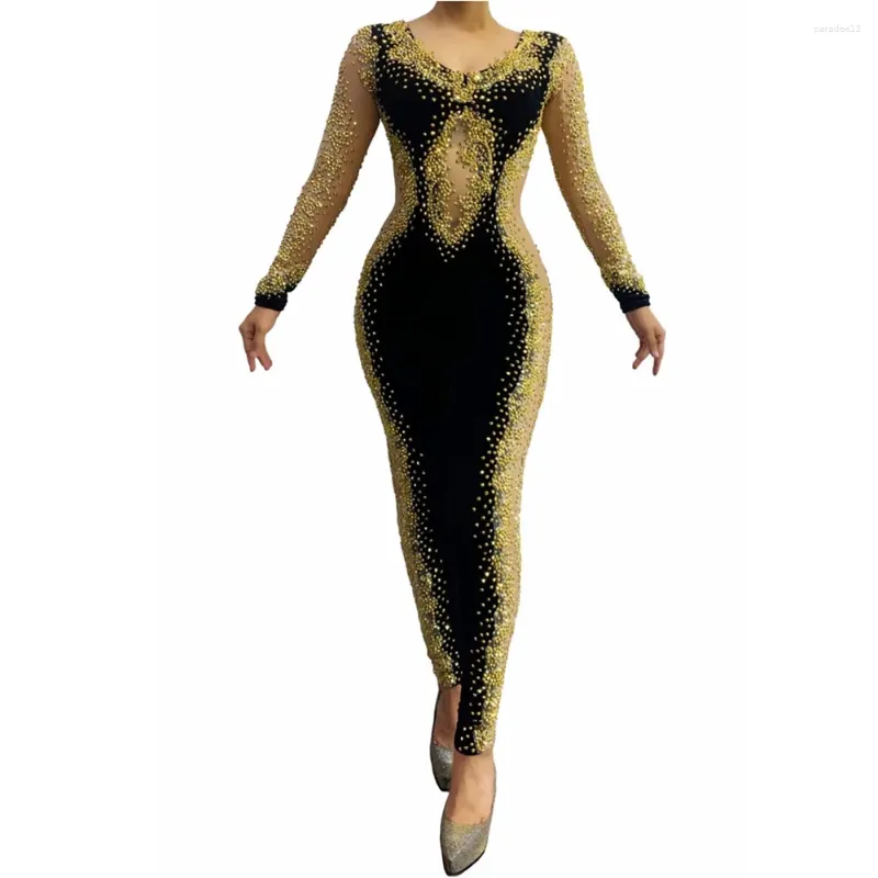 Stage Wear Shining Gold Strass Tute nere sexy senza schienale per le donne Nightclub DJ Abbigliamento Cantante Costume Pole Dance indossa