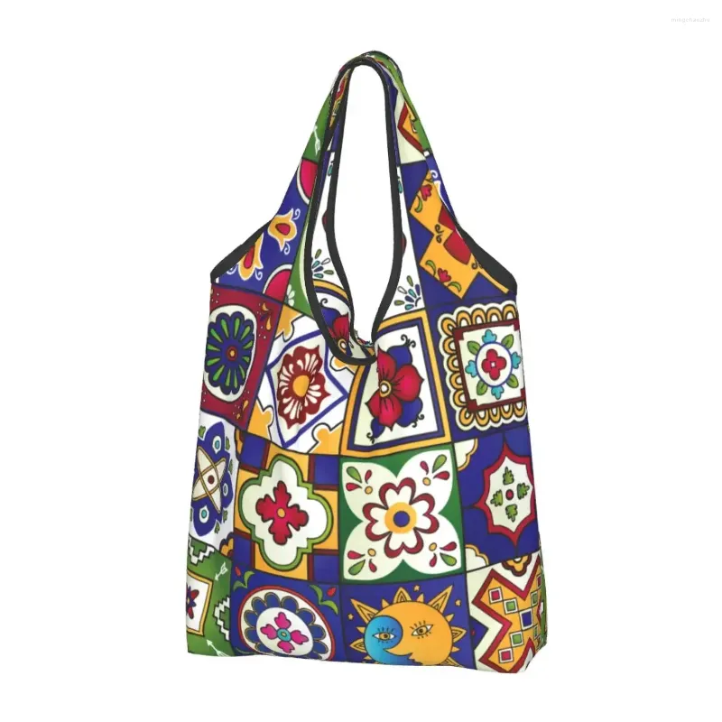 Sacos de compras Southwest Decor Wall Art Mexican Tile Bag para mantimentos Dobrável Southwestern Talavera Tiles Mercearia Tote