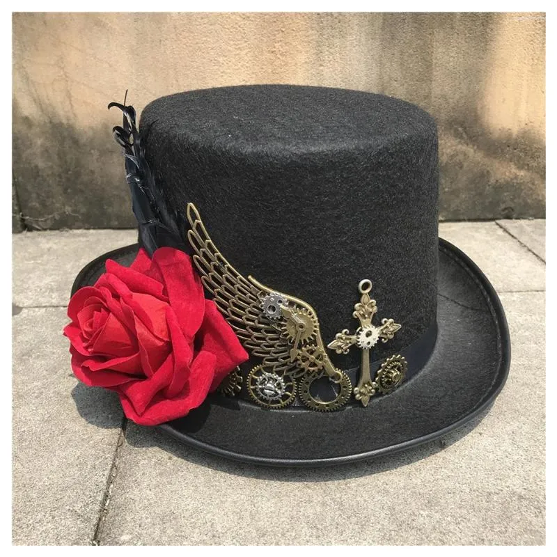 Bérets Fashion Steampunk Top Hat With Rose for Women Dance Party Cosplay Performance Taille 57cm