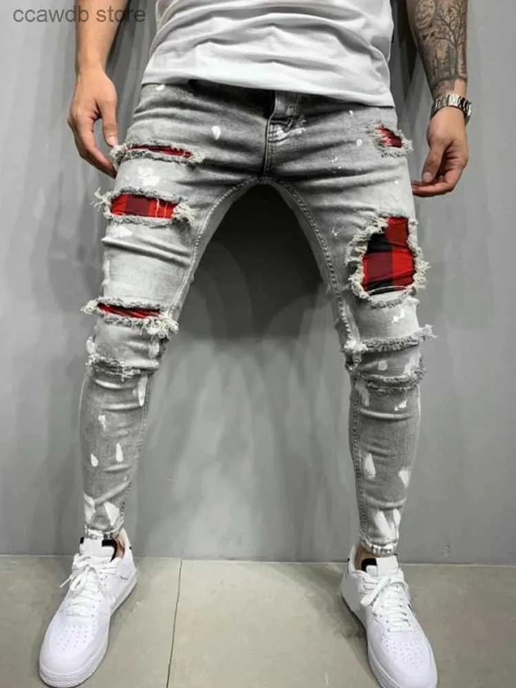 Jeans de jeans para hombres Patch Patch Patch Hear streetwear Raged Jeans Skinny Men Biker Slim Elastic Denim Cargo Pantalones Y2K Pantnes Joggers T240109