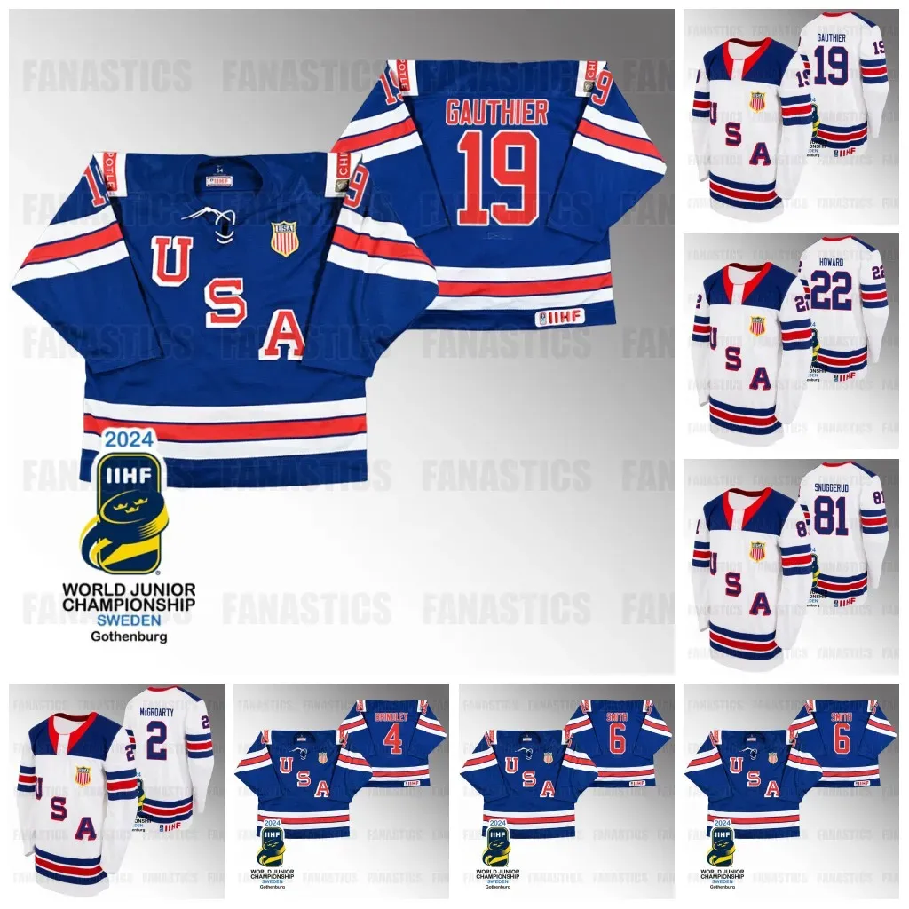 USA Hockey 2024 Campioni del mondo junior IIHF Maglia bianca blu 19cutter Gauthier 4gavin Brindley 1trey Augustine 2rutger McGroarty 9ryan Leonard 81jimmy Snerud