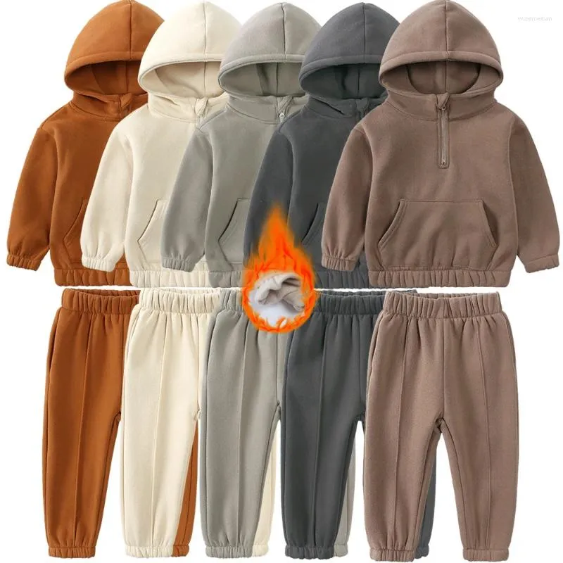 Kläder sätter 2024 vinter varmt fleece småbarn baby pojkar set flickor träning hoodies dragkedja tröjor byxor kläder barn passar 2 st