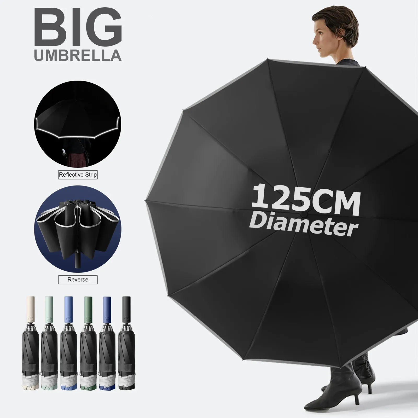 Super grand parapluie pliant automatique de 125CM pour hommes, imperméable, coupe-vent, forte sécurité, réfléchissant, renforcé, grands parapluies de Golf 240109