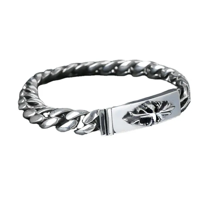 Unisex Designer Punk Cross Bracelet Domineering Retro Hand Brand Silver Thai Bracelet 10mm for Men and Women