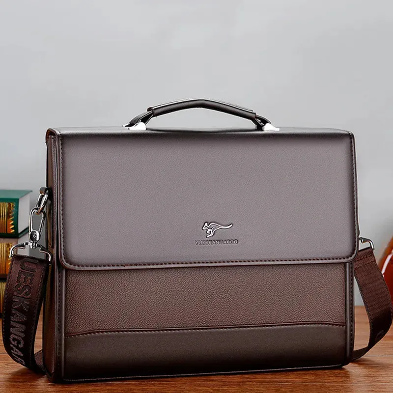Vintage Pu Leather Men Portfölj Bag Executive Handväska för dokument MANA Business Shoulder Messenger Laptop Man 240109