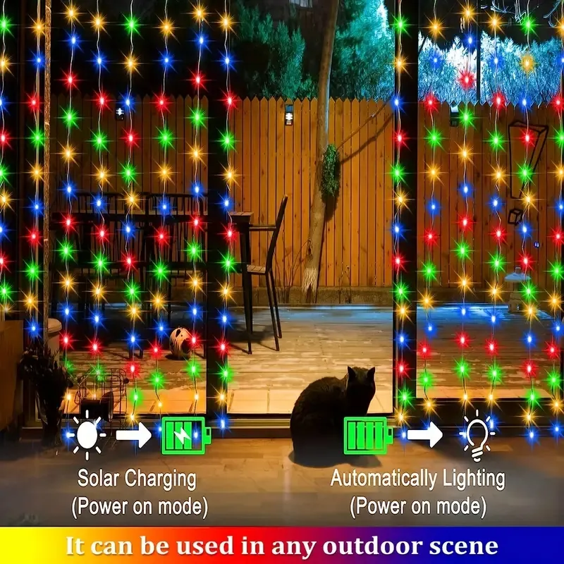 1 PACK 200 LED Solar Curtain Light Outdoor, Remote Control, 8 Belysningslägen, Fairy Lights, IP65 Waterproof, Copper Wire Lights Christmas Party Lights Outdoor 9.8ftx6.6ft