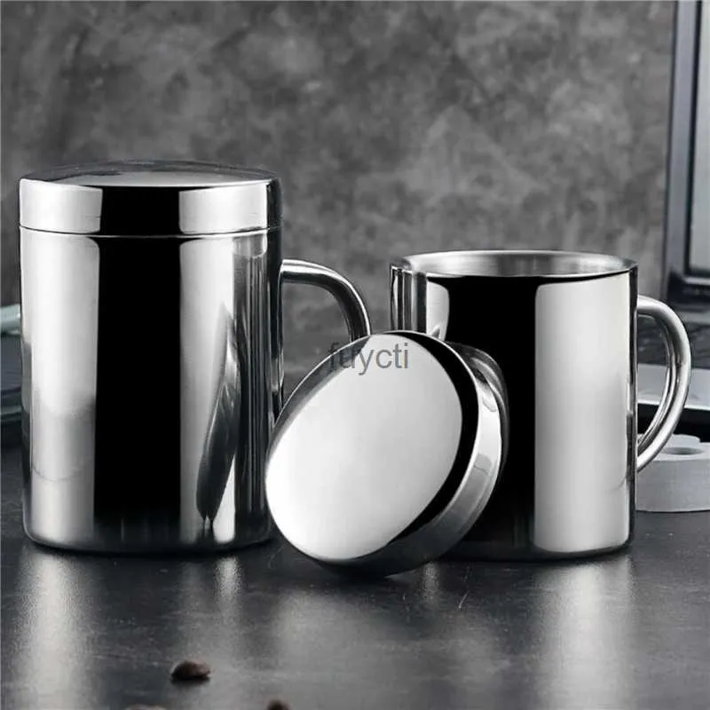 Muggar Double Wall 304 Rostfritt stål Kaffemugg med lockisolerad Portable Cup Travel Tumbler JUG MILK TEA CUPS Office Water Mugs YQ240109