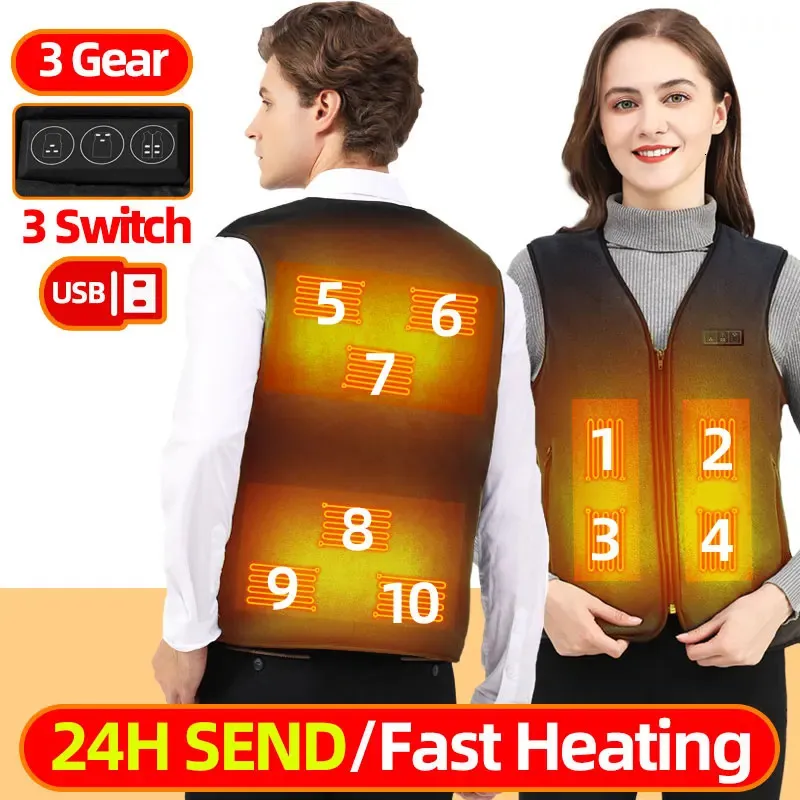 Verwarmd vest met 10 zones Heren Dames USB Elektrisch zelfverwarmend vest Verwarmd vest Verwarmde jas Wasbaar Thermisch verwarmde kleding 240108