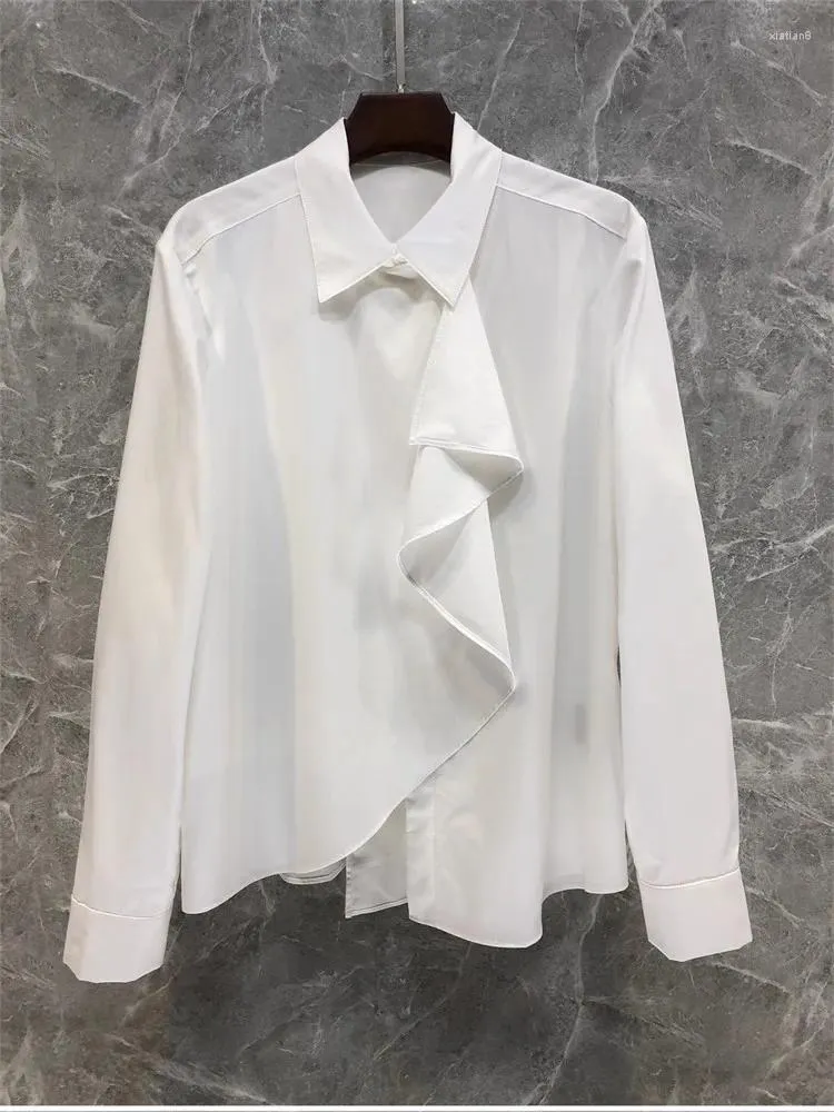 Blouses pour femmes Chemises en coton 2024 Printemps Mode Blanc Noir Haute Qualité Femmes Col rabattu À Volants Fleur Élégant Lâche