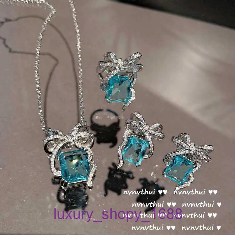 High Quality Car tires's Stainless Steel Designer Necklace Jewellery Bright sea blue bow 18K Gold Plated eight heart jewelry zircon With Original Box