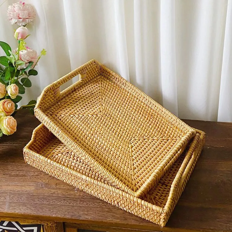 Tea Trays Serving Tray Woven Rattan Rectangular Coffee With Handles For Breakfast Drinks Snack Dining Table