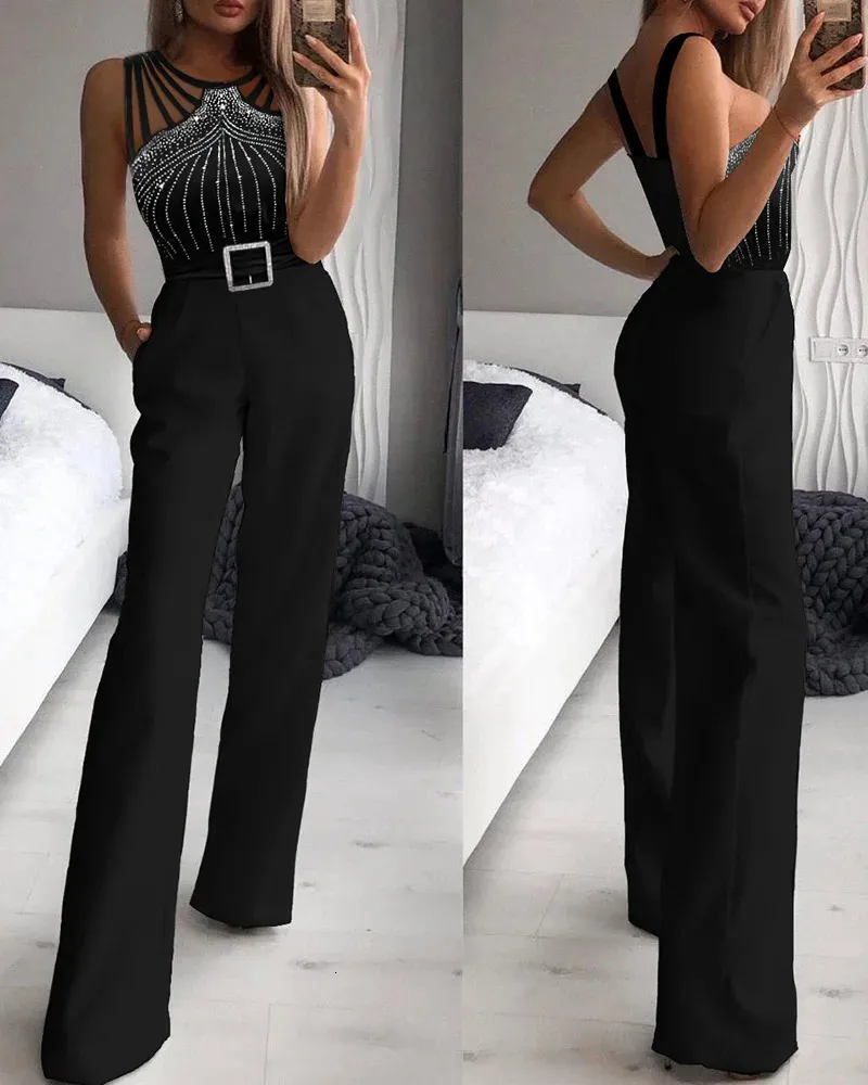 Sexy bodysuits vrouwelijke zwarte mock hals mesh pailletten mouwloze jumpsuits outfits elegante jumpsuit damesavond 240109