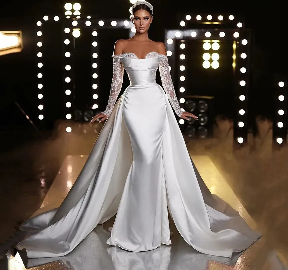 Long Sleeve Wedding Silk Off Shoulder Wedding Dress Off-Shoulder