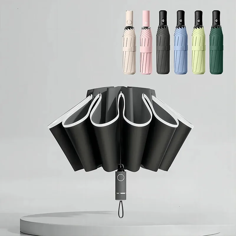 Parapluie pliant inversé entièrement automatique avec parapluies UV à rayures réfléchissantes coupe-vent 240109