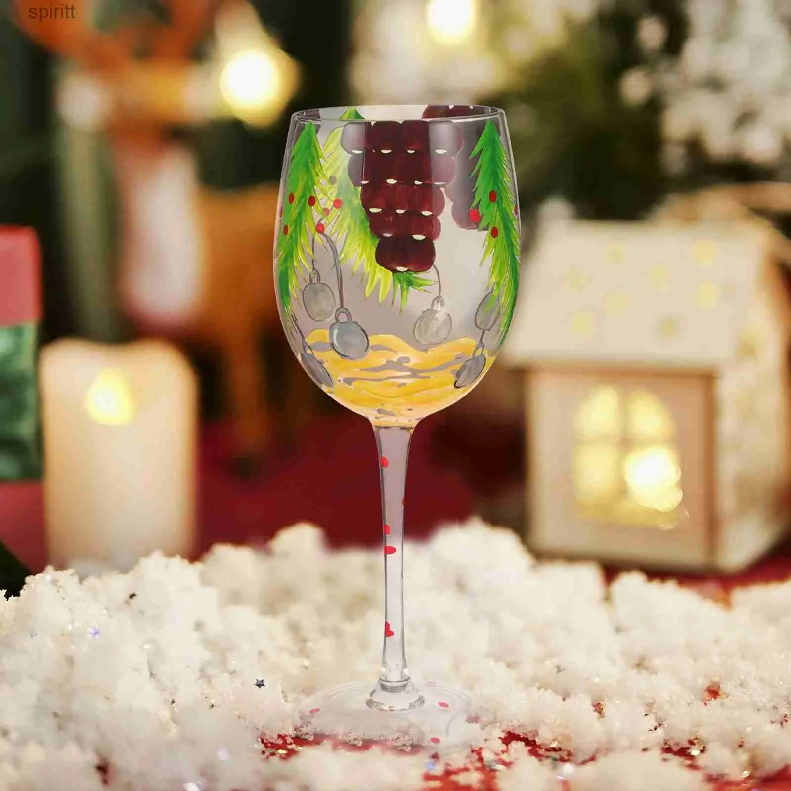ワイングラスクリスマスギフトグラスグラスツリーレッドクリエイティブニューイヤーゴブレットハンドペイント（クリスマスホリー-450ml）飲酒カップYQ240105
