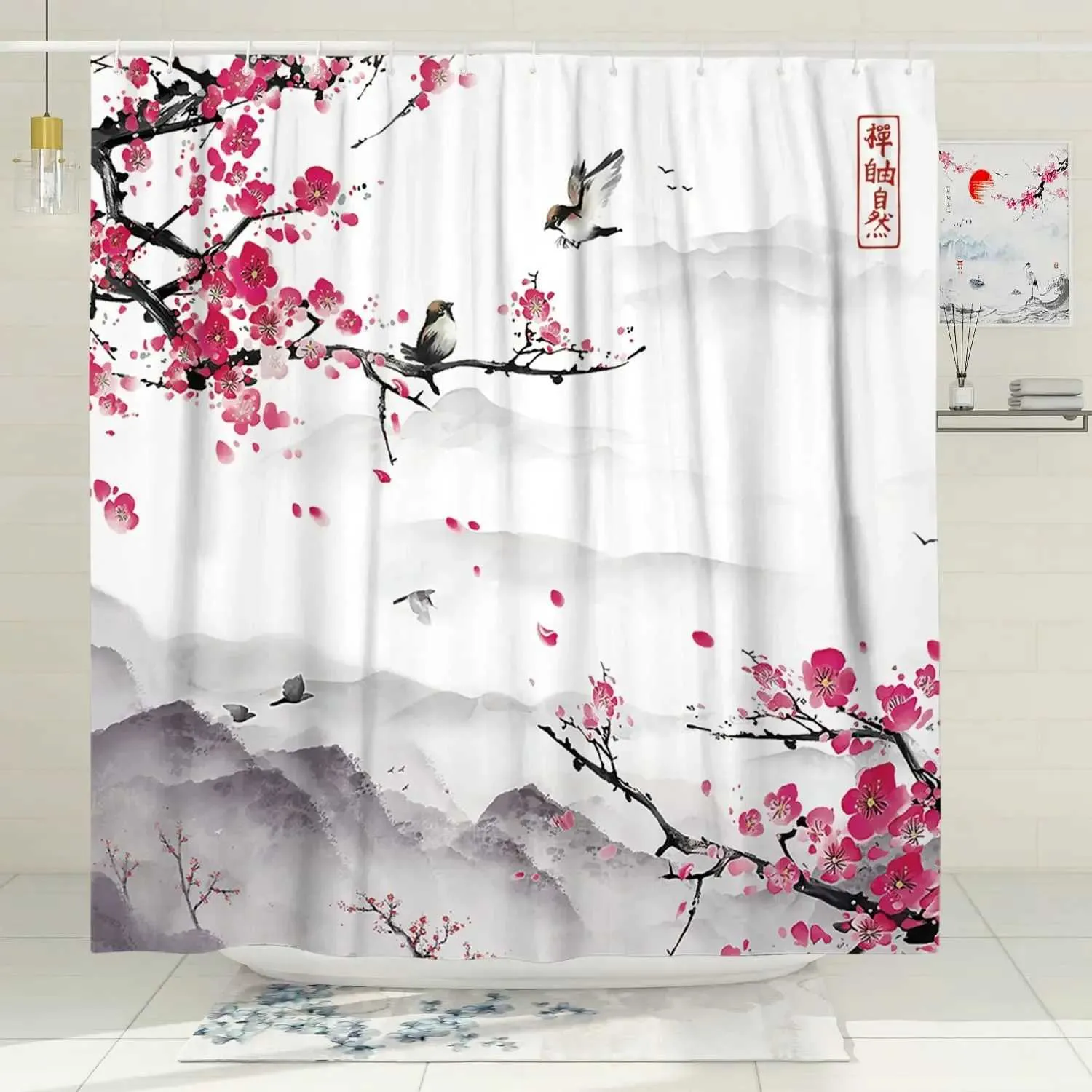 シャワーカーテンピンクの桜の桃の花シャワーカーテンセット花白い背景ガールバスルームポリエステルクロススクリーンフック付き