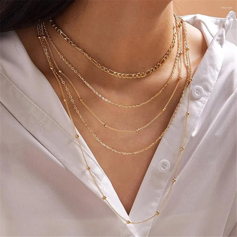 Colares Pingente LXY-W Vintage Moda Cor de Ouro Multi-camada Metal Bead Chain Colar para Mulheres Feminino Boho Geometria Gargantilha Jóias Festa