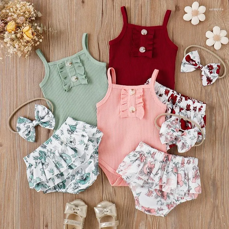 Kläder sätter 0-24 månader spädbarn baby flickor sommarkläder härlig sling bodysuit toppar blommig ruffle tutu shorts bow hår 3pcs flicka