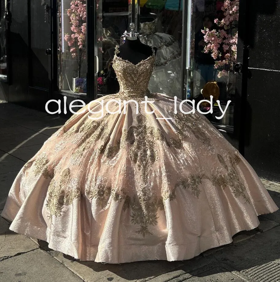 Champagne Pink Sparkly Princess Quinceanera Dresses Gillter Sequins Applique Beaded vestido xv anos Prom Sweet 15 Gown