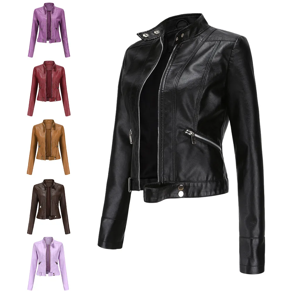2023 new leather women short small coat Spring and autumn stand collar women leather jacket thin