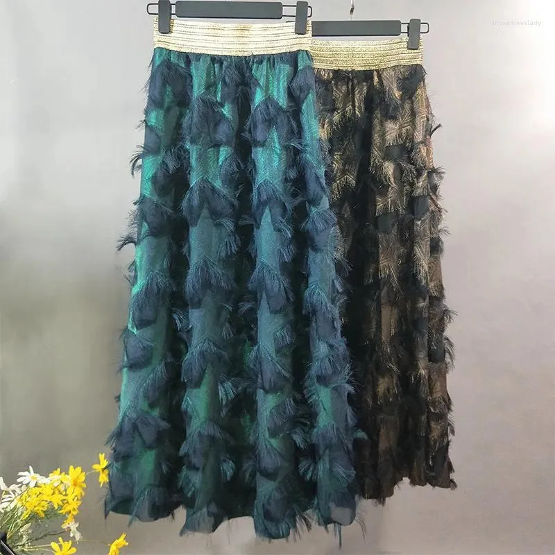 Skirts 2024 Womens Special Design Long Skirt WF0083 Dark Green Golden Brown Stars Pattern Women