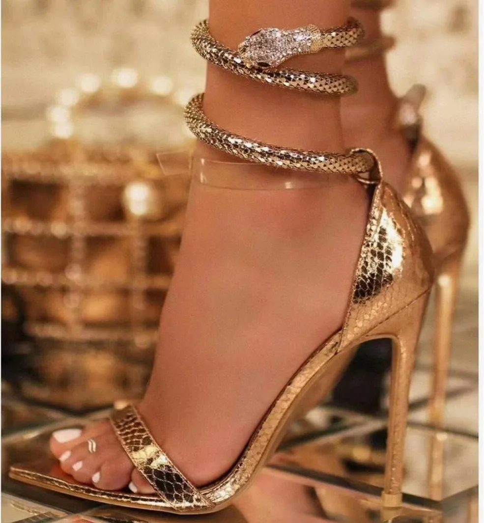 Women Golden Snake Wrapped Sandals Wildness Pointed Toe High Heel Sandals Luxurious Ladies Summer Shoes 12 Cm Stiletto Sandals 240108