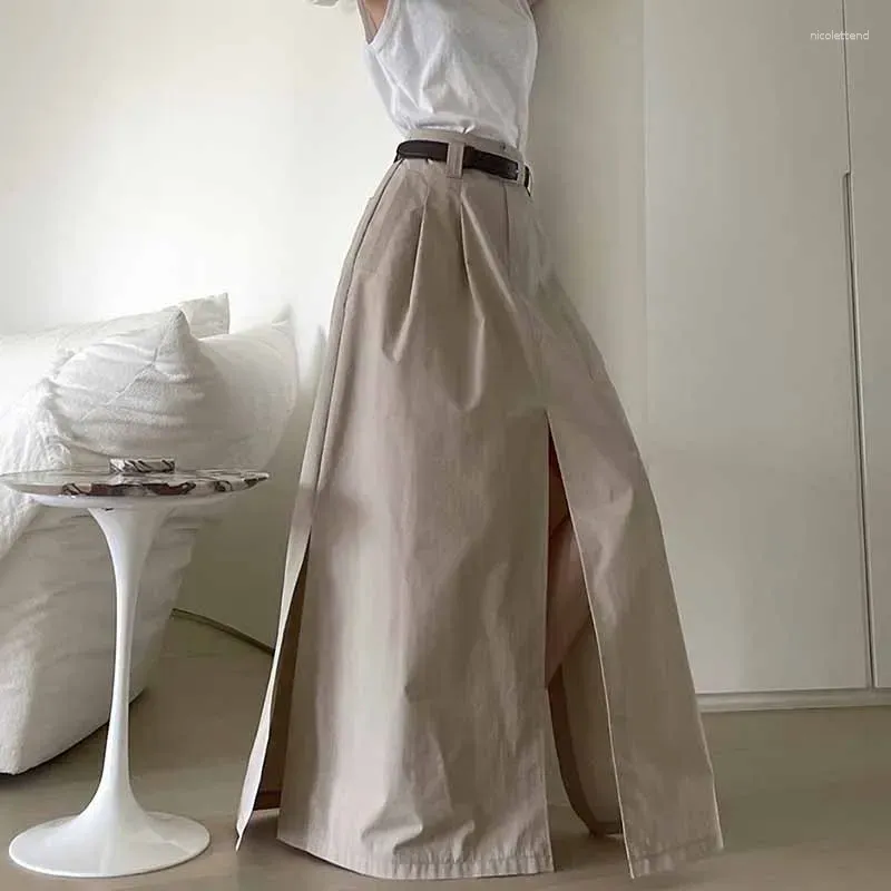 Юбки HOUZHOU, макси-юбка с разрезом, женская, элегантная, модная, повседневная, с высокой талией, трапециевидной формы, длиной до пола, в стиле «старые деньги», уличный стиль