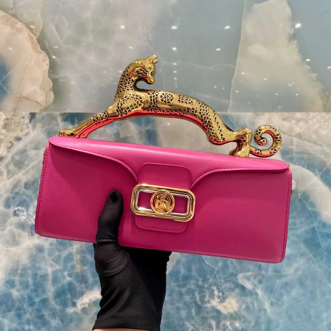 lavin Women's Bag Leopard Handle Leather One Shoulder Diagonal Straddle Bag  Celebrity Personalized Handheld Cat Bag Small designer Square Bag 230815