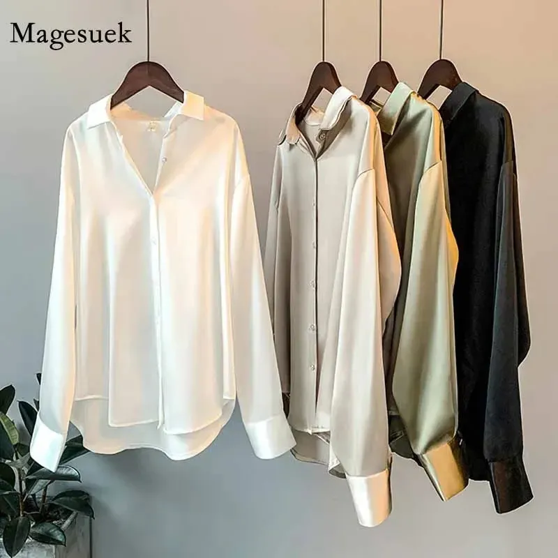 Silk Korean Office Ladies Elegant Shirt Blus Women Fashion Button Up Satin Shirt Vintage White Long Sleeve Shirts Tops 11355 240109