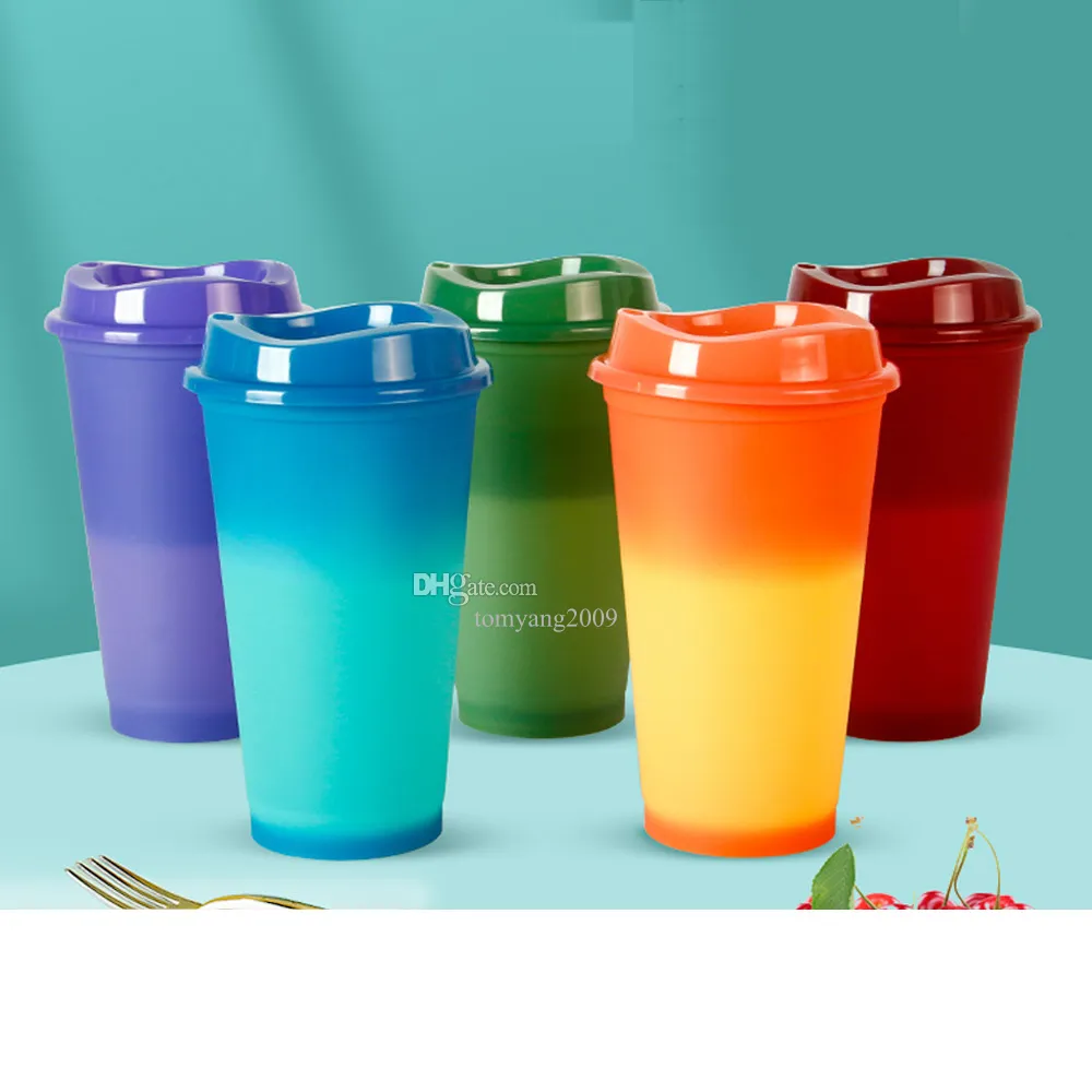 熱い！！！カラーチェンジカップ透明なプラスチックタンブラーカッププラスチックウォーターボトルドリンクボトル蓋とストロー送料無料