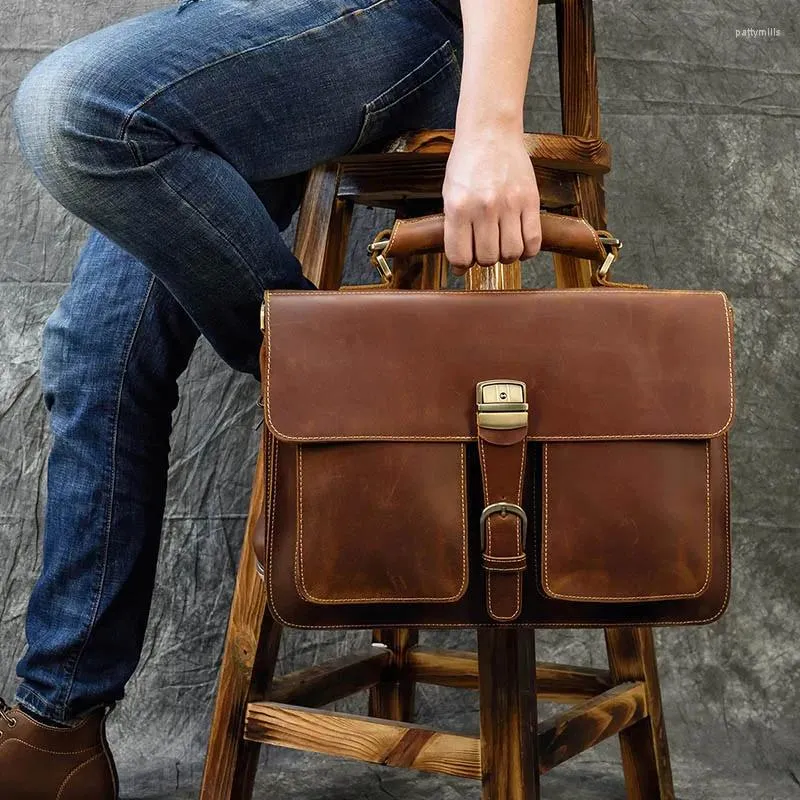 Porte-documents en cuir véritable pour hommes, porte-documents en cuir de vache de 15 pouces, sac d'affaires pour ordinateur portable, Vintage, sac à main de bureau, portefeuille