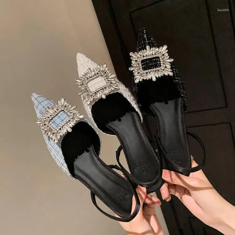 Sandals 2024 Spring Tweed Cloth Women Square Crystal Buckle Slingback Pumps Sexy Pointed Toe Shallow Sandalias Femininos Sapatos