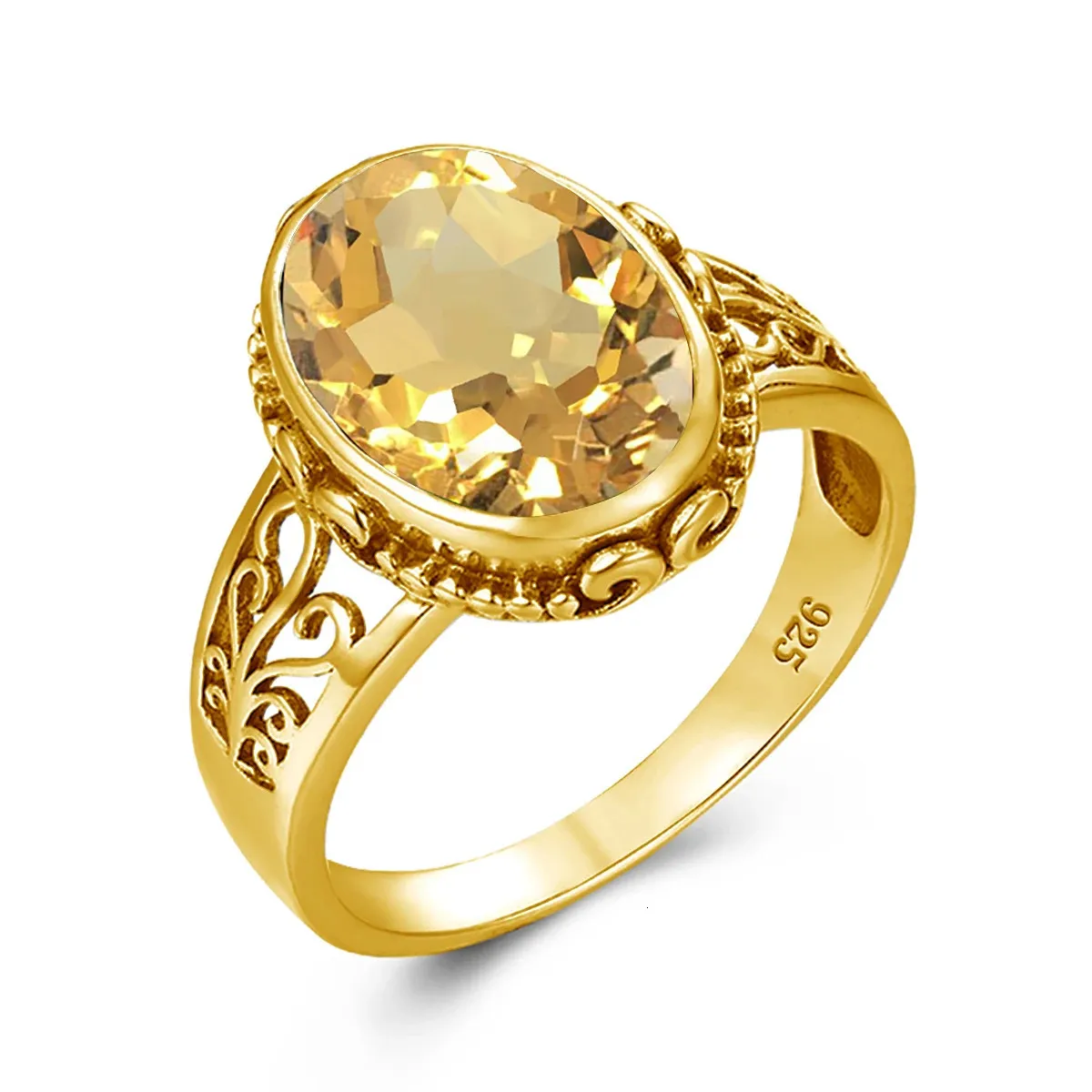 Anello in oro giallo con citrino per donna 10 * 14mm pietra ovale con taglio Art Deco Fortuna gioielli con pietre portafortuna Tendenza regalo di lusso per feste di nozze 240109