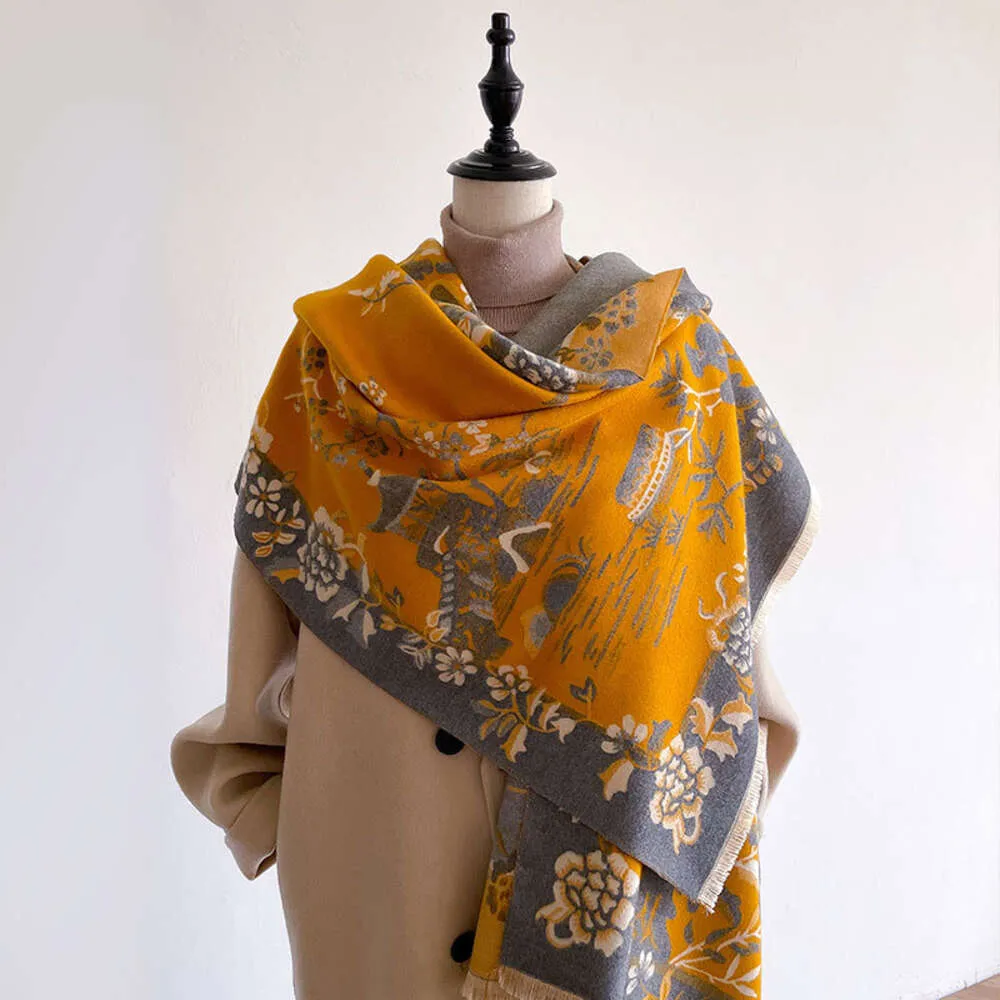 Nueva bufanda estilo Cachemira a la moda para chal de invierno para mujer, diseño Floral largo grueso de doble cara y doble propósito