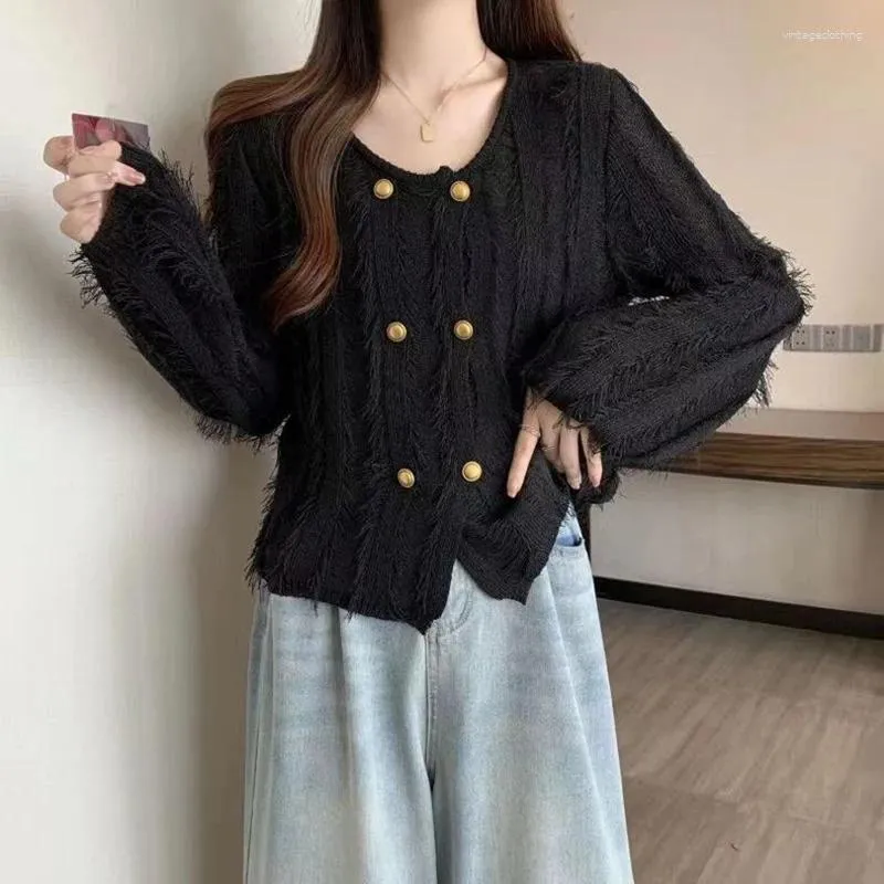 Women's Knits 2024 Tassel Short Sweater Jacket Women Fashion Double Breasted Long Sleeve Knitted Cardigan Woman Korean O-Neck Loose Knit