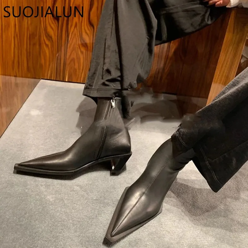 Suojialun Autumn Women Ankle Boots Fashion Point Toe Square Toe Low Heel Ladies Elegant Chelsea Boots Kort stövlar 240108