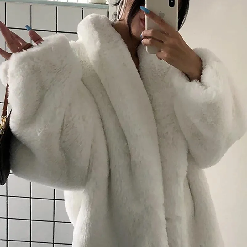 Jackor vit päls jacka vinter överdimensionerad tjock varm vit fluffig faux päls kappa kvinnor lösa avslappnad stilen koreansk mode streetwear