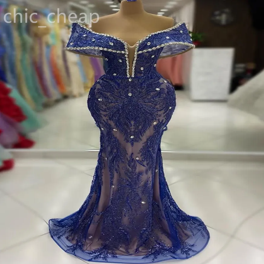 2024 ASO EBI ROAL BLUE BLUE MERMID SURES Crystals Cequined Lace Even Even Formal impreza Drugi odbiór urodzinowe suknie zaręczynowe sukienki szatą de soiree ZJ434