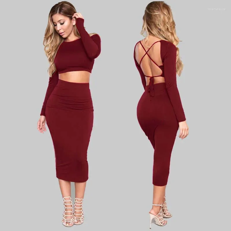 Work Dresses SKMY Women Clothing Bandage Lace-Up Backless Long Sleeve Crop Top Bodycon Midi Skirts Two Piece Set Outfits Solid Color