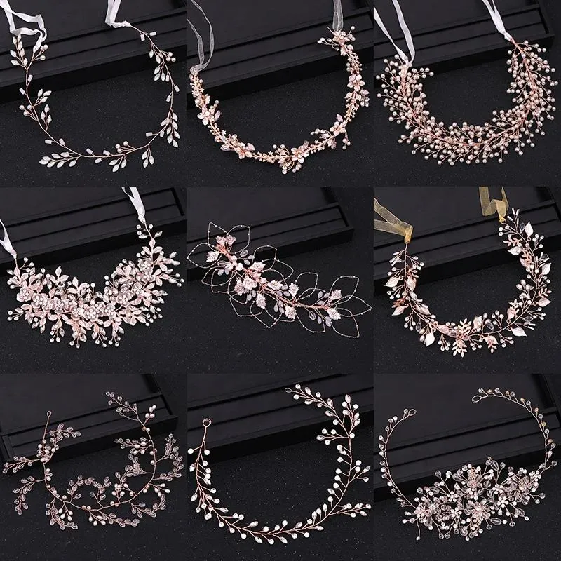 Charms Rose Gold Color Headbands for Bride Wedding Hair Accessories Cystal Pearl Hairband Women Hair Vines Jewelry Handmade Headpiece