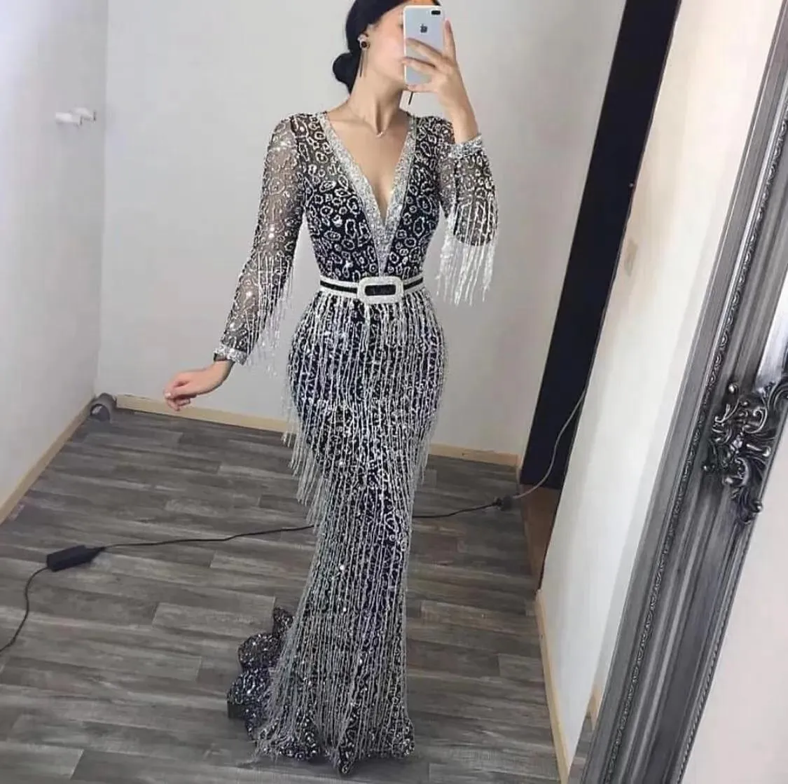 Robes Arabe Aso Ebi Noir Dentelle Perlée Robes De Soirée Sirène Manches Longues Paillettes Robes De Bal Sexy Partie Formelle Deuxième Réception Gow