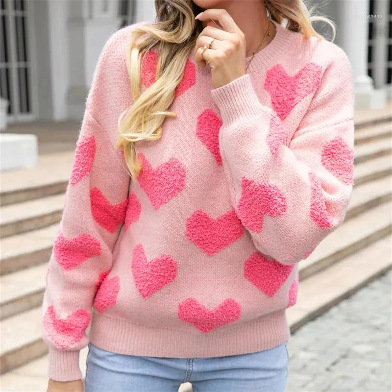 Women's Sweaters Fashion Round Neck Love Printed Contrast Sweater Loose Pullover Warm 2024 Valentine Day