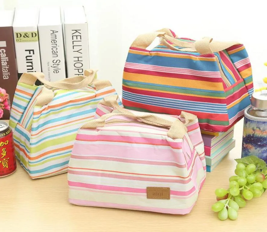 tragbare Leinen-Streifen-Picknick-Mittagessen-Getränk-thermische isolierte Kühltasche Tragetasche Reißverschluss-Lunchbox-Tasche 6 Farben5649725