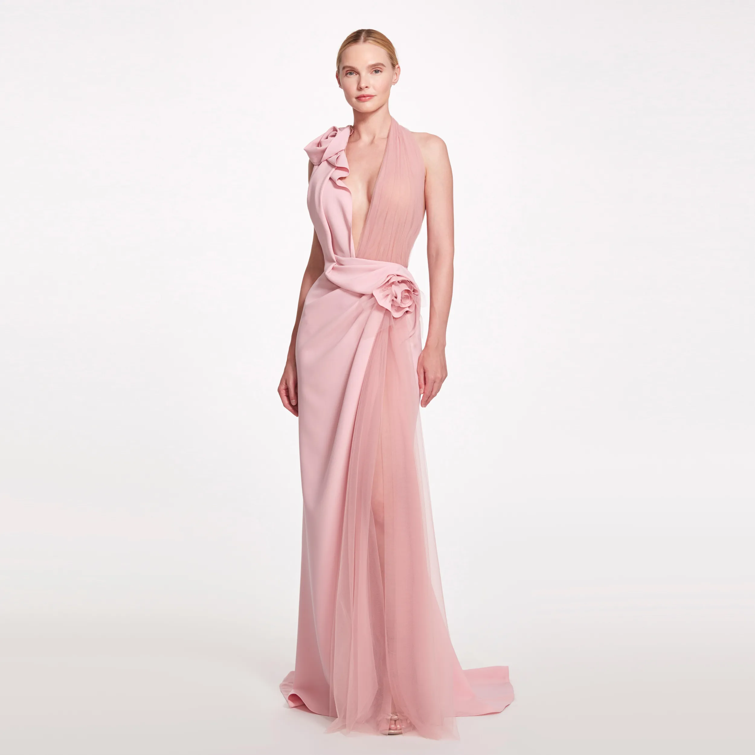 Chic rose licou robes de soirée col en V dos nu à volants Satin et Tulle robe de bal balayage Train robes Para Mujer 326 326