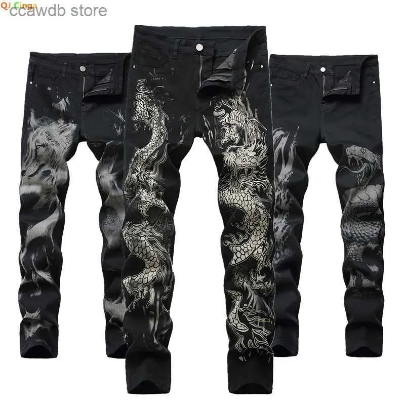 Mäns jeans Nya mäns kinesiska trendiga draken svart mager jeans sträcker bekväm mode hip-hop män denim byxor streetwear tryckbyxor t240109